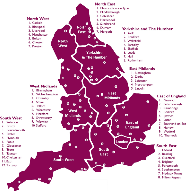 A map of the UK divided into regions, including North West, North East, Yorkshire and The Humber, East Midlands, West Midlands, South West, South East, and East of England, highlighting various cities and towns.
